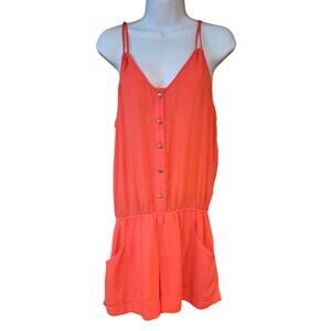 Double Zero coral colored Button-Front Spaghetti Strap Romper sz S